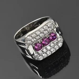 Purple Garnet and Zircon Men's Ring in Platinum Over Sterling Silver