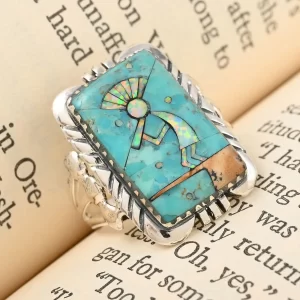 Southwestern jewelry - Santa Fe Style Blue Turquoise and Lab Created Opal Kokopelli Ring in Sterling Silver