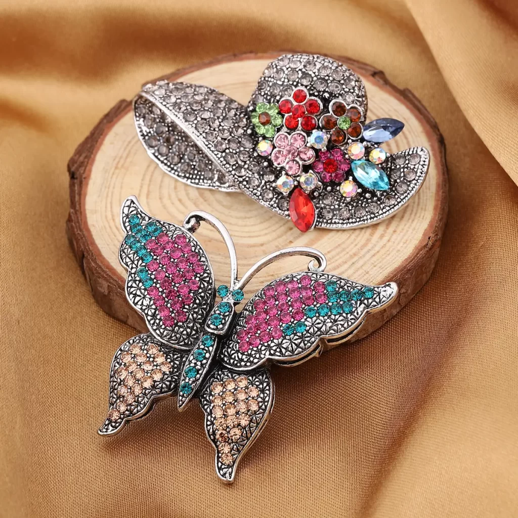 Christmas gifts for grandma Multi Gemstone & Multi Austrian Crystal Hat and Butterfly Brooches in Silvertone