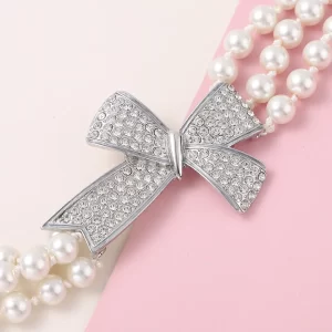Bow Tie Necklace White Pearl and White Austrian Crystal Triple Row Necklace