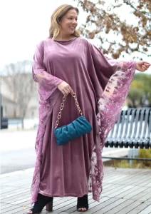 Holiday outfits Velvet Maxi Kaftan With Lace Detailing