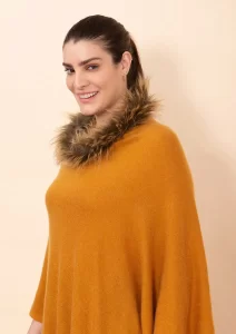 100% Pashmina Cashmere Apricot Designer Poncho for Women with Faux Fur Trim 