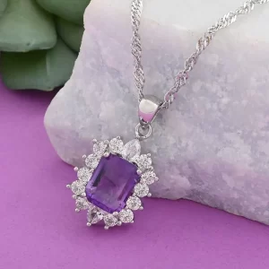 Amethyst and Simulated Diamond Pendant Necklace