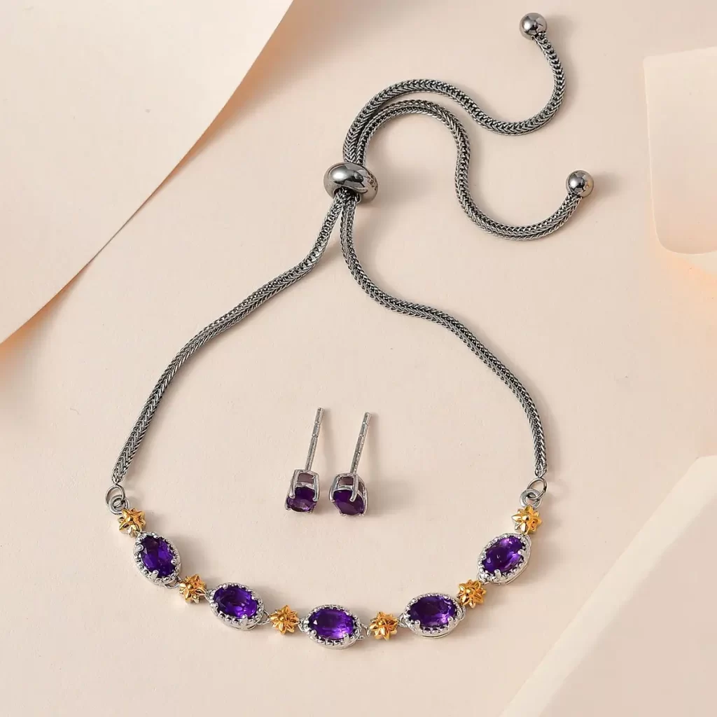 Galentine's Day Gifts under $10 Amethyst Solitaire Stud Earrings and Bolo Bracelet