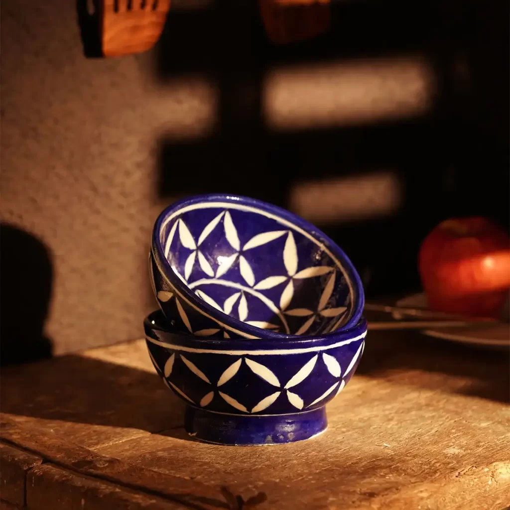 Blue Art Pottery Handmade Fine Diamond Pattern Crafted Ceramic Bowl