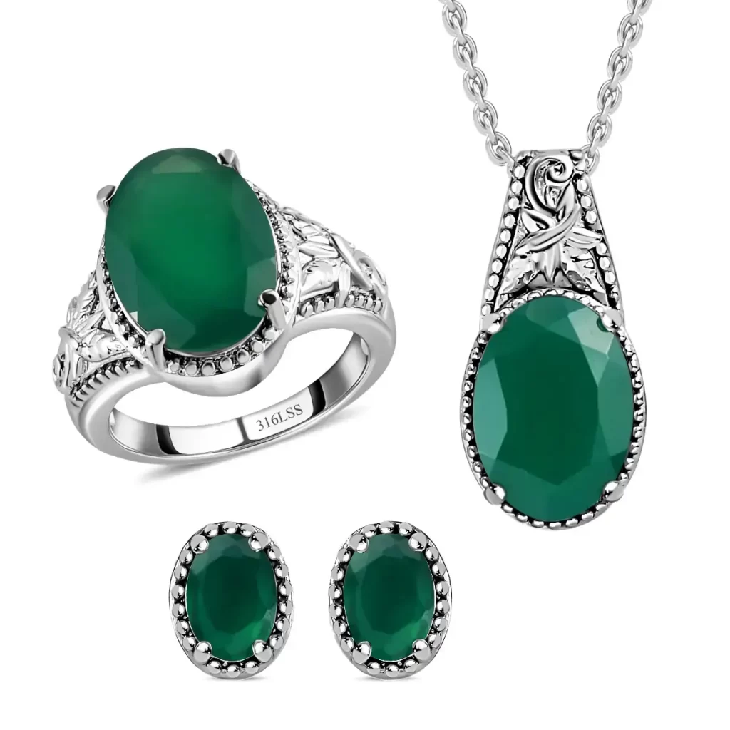 Jewelry under $50 Green Onyx Solitaire Ring Stud Earrings and Solitaire Pendant Necklace