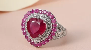 Heart shaped Ruby and White Zircon Heart Ring in Platinum Over Sterling Silver