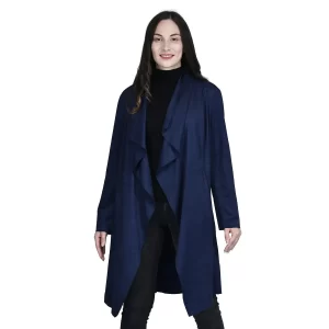 Passage Navy Blue Faux Suede Long Waterfall Open Front Jacket For Ladies
