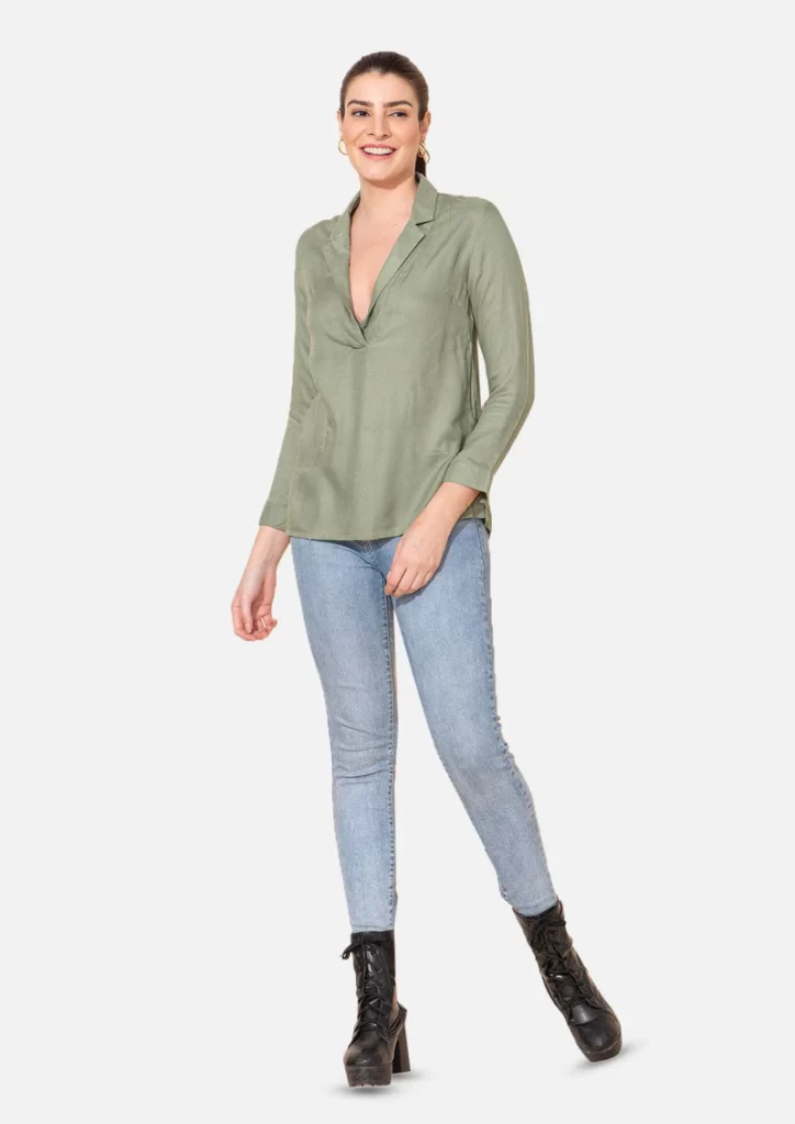 Spring 2024 trending color green spring outfits for women Lapel Collared Top