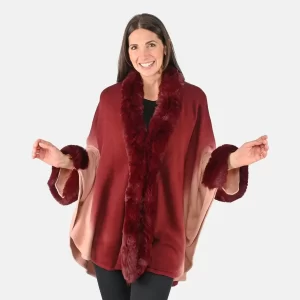 Tamsy Burgundy Ombre Cape with Faux Fur Trim