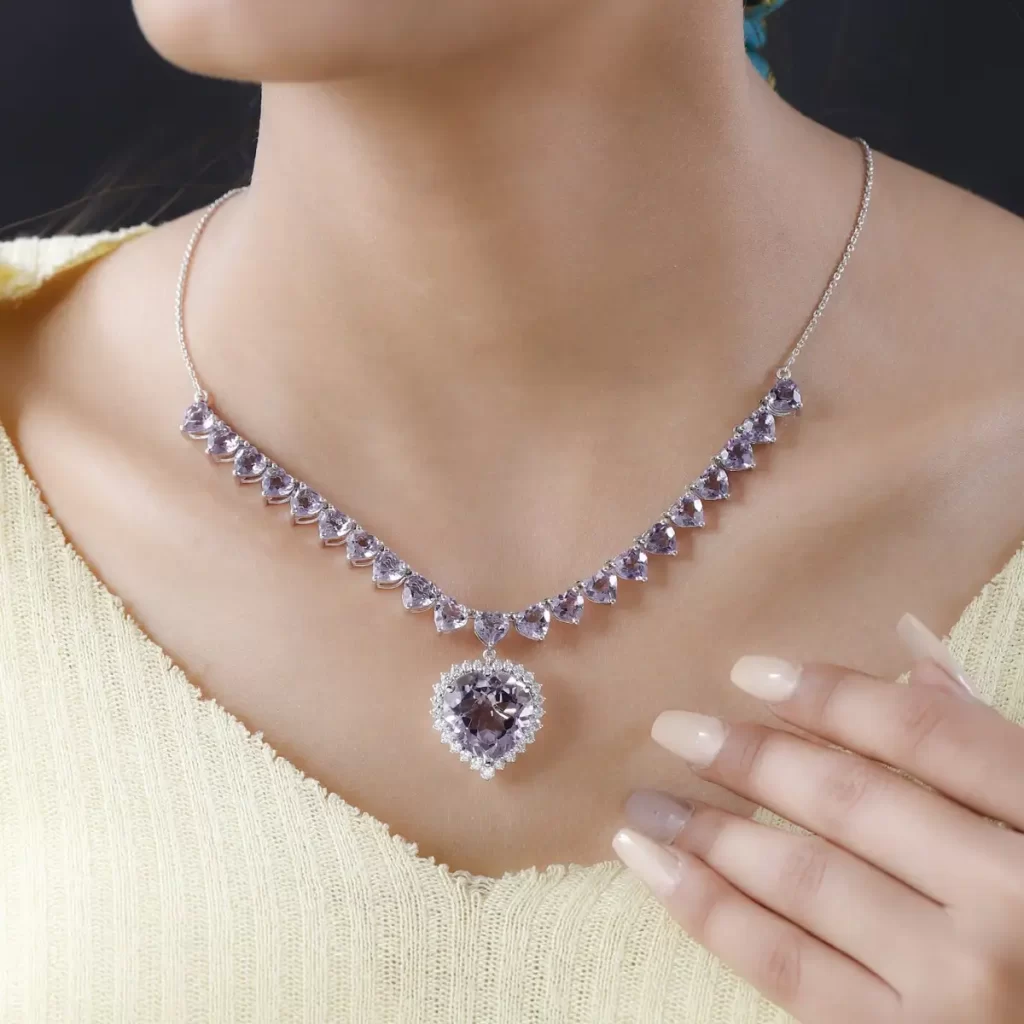Valentine's Day Gift Rose De France Amethyst and Moissanite Heart Necklace