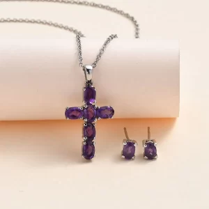 Amethyst Stud Earrings and Cross Pendant Necklace