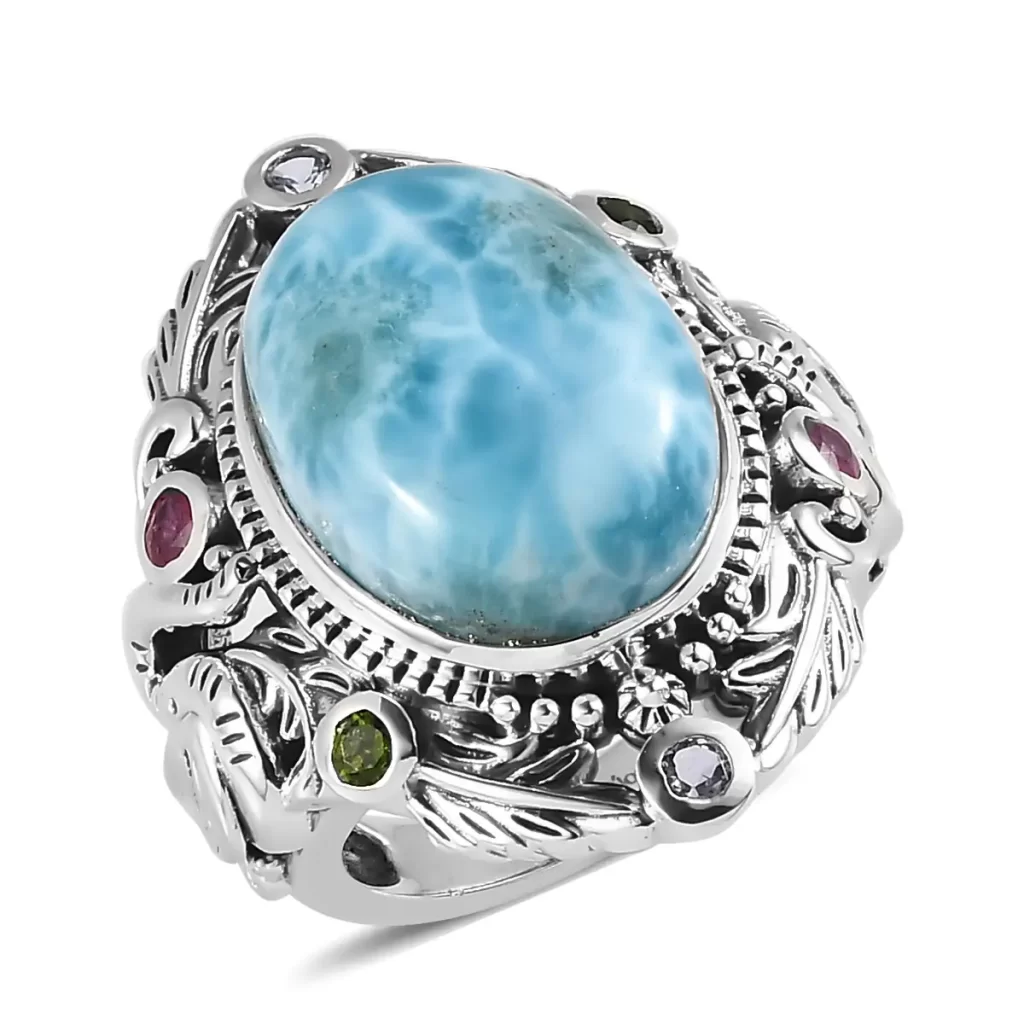 Artisan Crafted Larimar and Multi Gemstone Elephant Ring in Sterling Silver