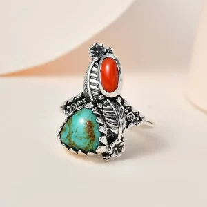 Artisan Crafted Sierra Nevada Turquoise and Coral Bypass Ring in Sterling Silver