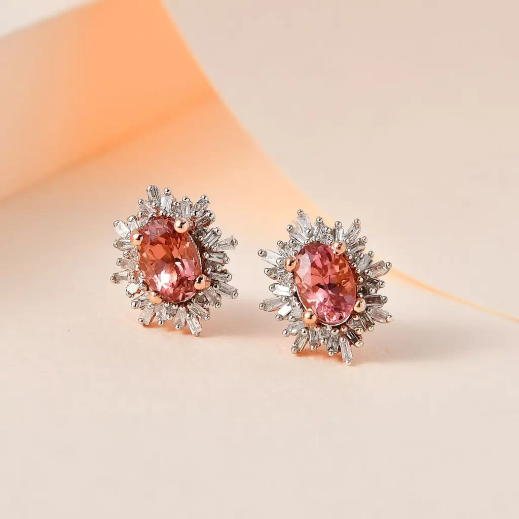 Blush Tourmaline and Diamond Stud Earrings in Vermeil Rose Gold Sterling Silver