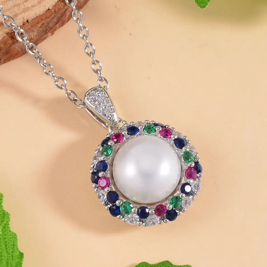 Freshwater Cultured Pearl and Simulated Multi Color Diamond Pendant thoughtful inexpensive gifts under $10
