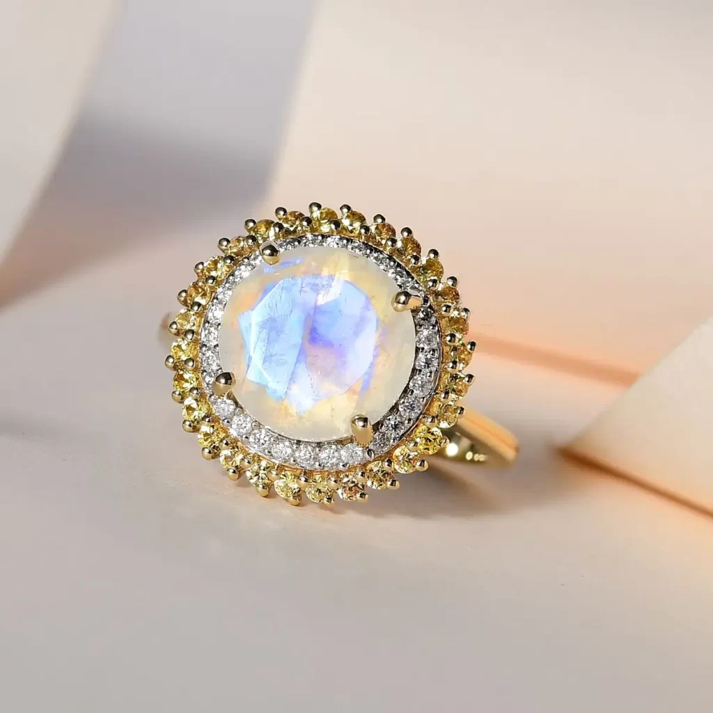 Yellow Gold Premium Rainbow Moonstone and Multi Gemstone Double Halo Ring