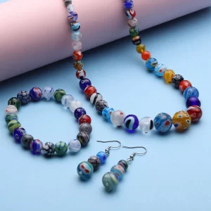 Multi Color Murano Style Beaded Stretch Bracelet, Earrings and Necklace