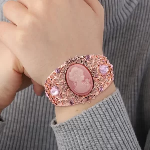 Pink Cameo and Pink Crystal and Glass Bangle Bracelet in rose gold
