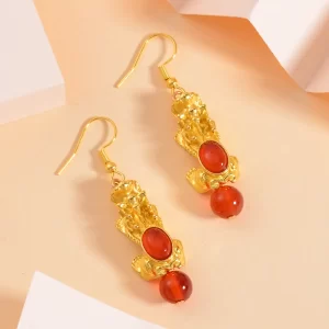 Pixiu Feng Shui Red Agate Earrings in Goldtone