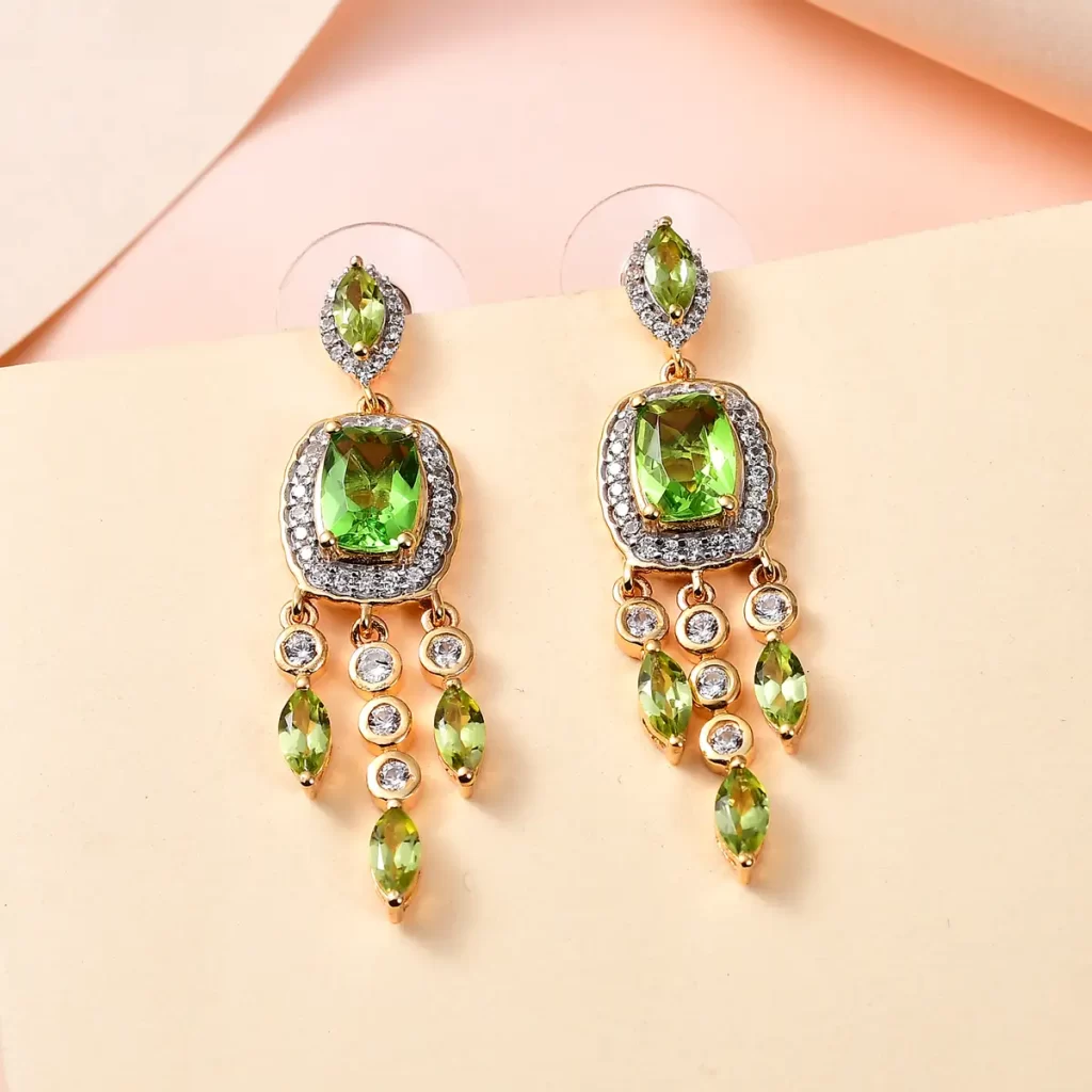 Prom earrings for green prom dress Peridot Dangling Earrings in Vermeil Yellow Gold Over Sterling Silver