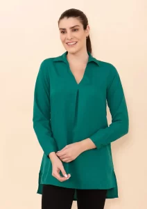Tamsy Dark Green Micro Collared with Sleeve Top for women