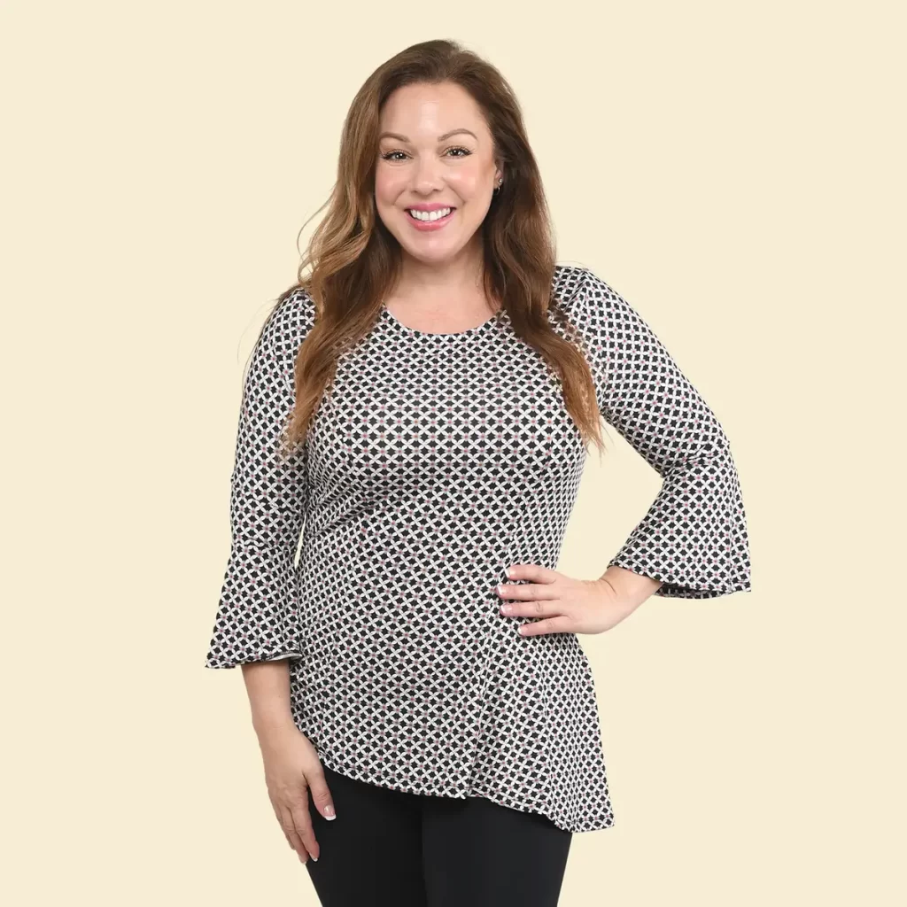 Tamsy Neutral Mosaic Bell-Sleeve Asymmetrical Tops for women over 50