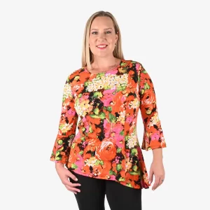 Tamsy Orange and Pink Floral Bell-Sleeve Asymmetrical Top - Large
