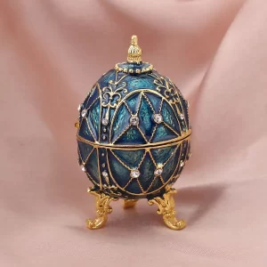 White Austrian Crystal and Blue Enameled Easter Egg Trinket Box in Goldtone