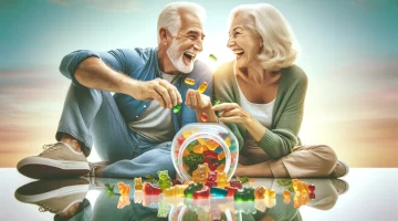 a warm and engaging healthy, active couple in their 60s enjoying a playful moment together, surrounded by colorful gummy vitamins why gummies are better than pills