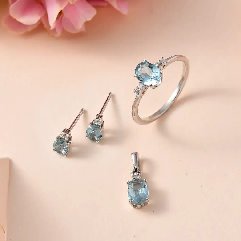 Aqua Kyanite Jewelry Set Stud Earrings, Ring and Pendant