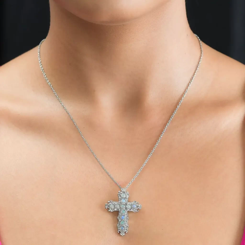 Ethiopian Welo Opal Cross Pendant Necklace 20 Inches in Stainless Steel