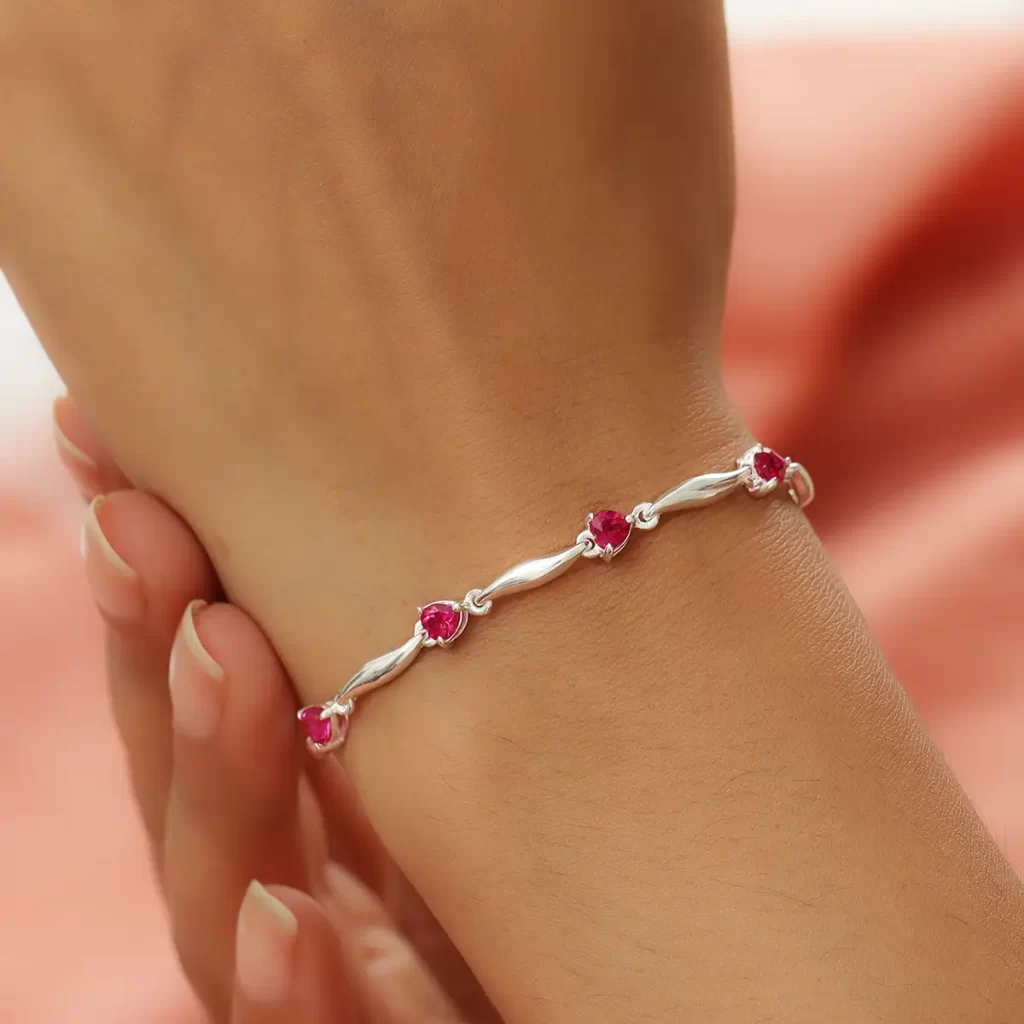 Lab Created Ruby Heart Station Bracelet in Sterling Silver