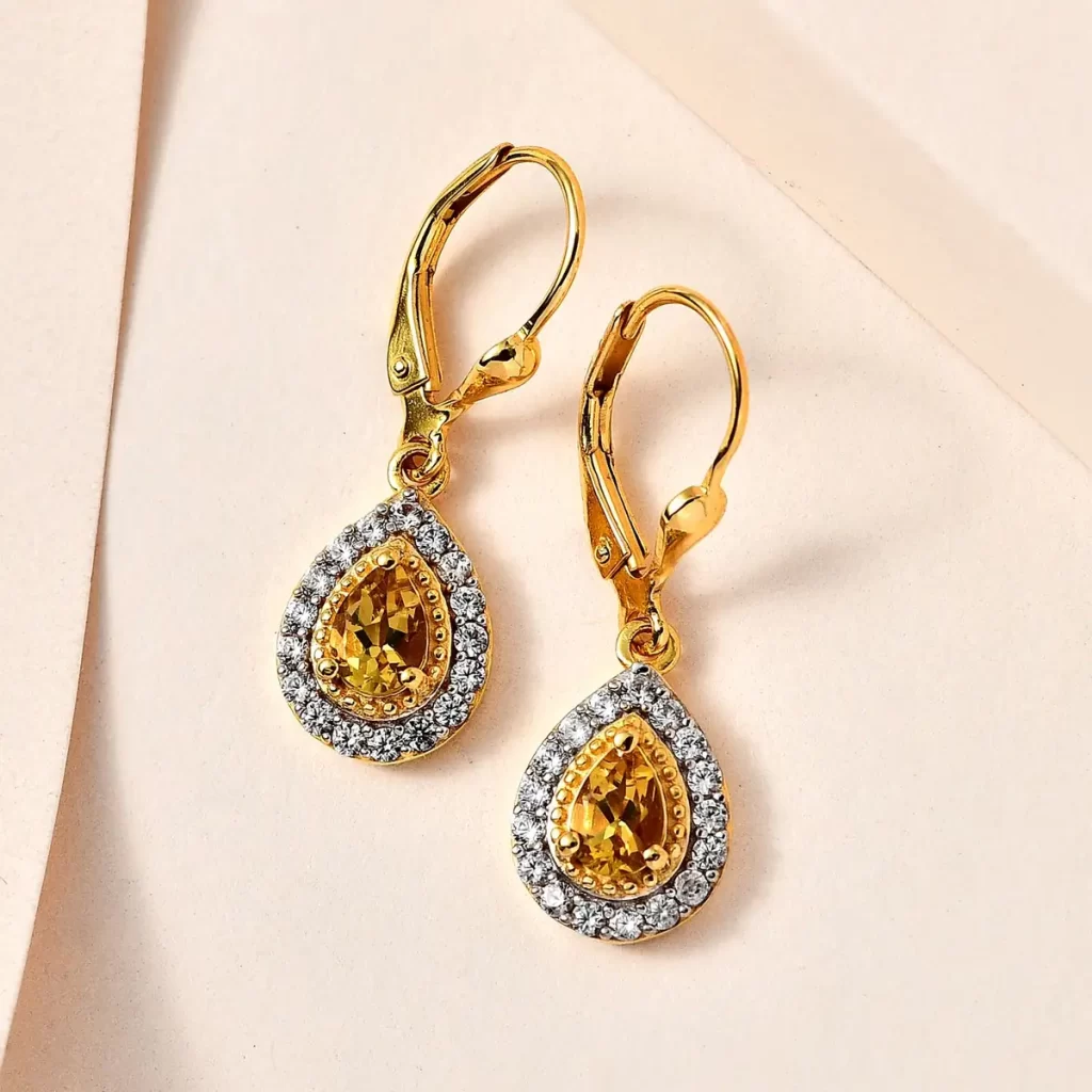 Premium Brazilian Heliodor and White Zircon Lever Back Earrings in Vermeil Yellow Gold Over Sterling Silver
