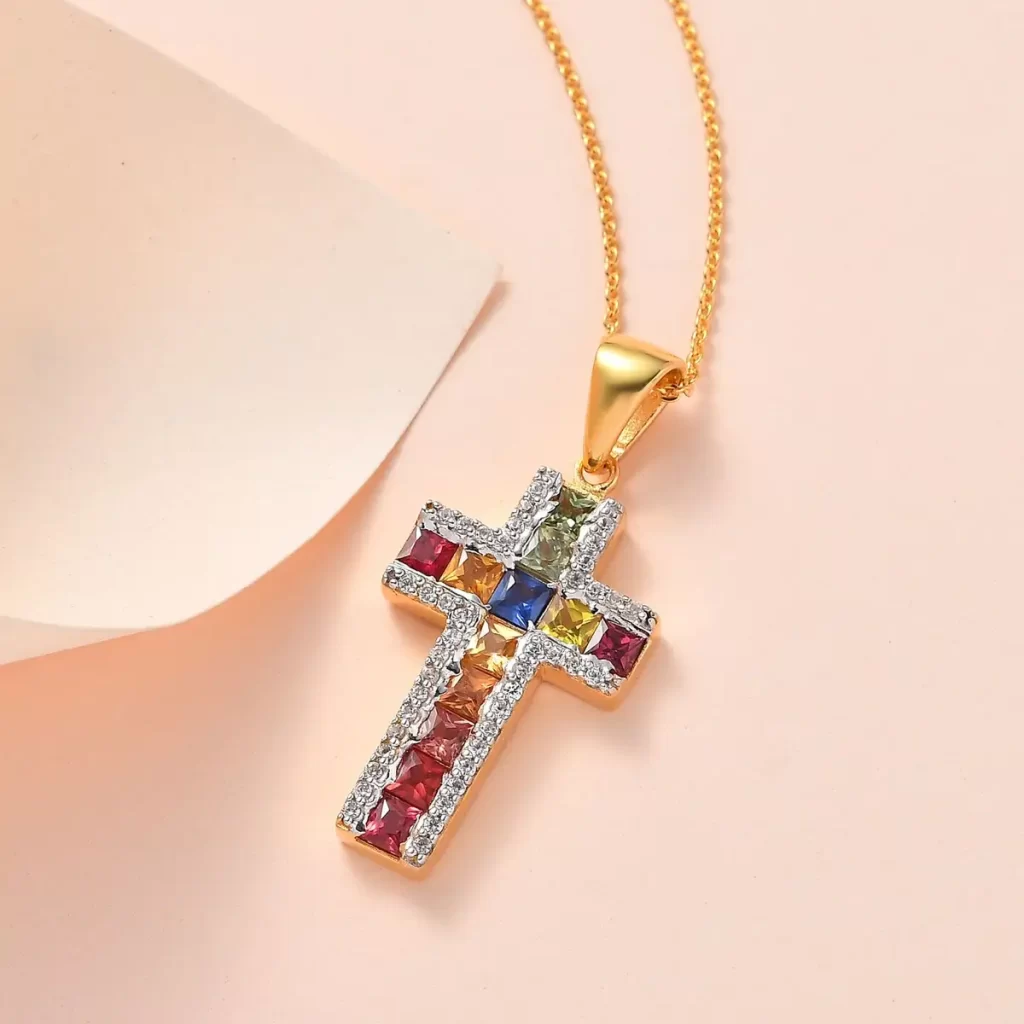 Premium Multi Sapphire and White Zircon Cross Pendant Necklace