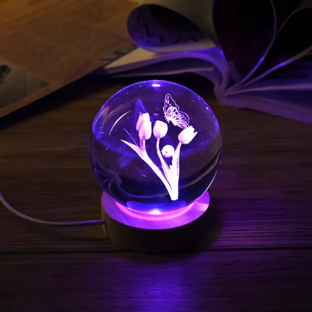 RGB Changing LED Light Crystal 3D Butterfly on Rose Pattern Glass Ball with Wood Base