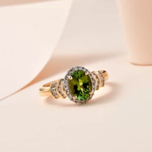 rare green tourmaline ring in Yellow Gold AAA Natural Calabar Green Tourmaline and Diamond Halo Ring