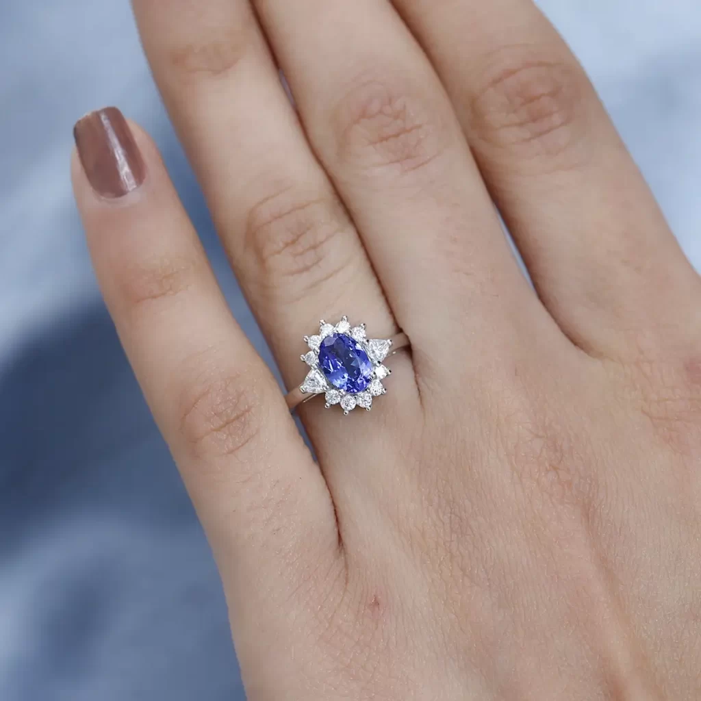 AAA Tanzanite and Moissanite Sunburst Ring in Platinum Over Sterling Silver