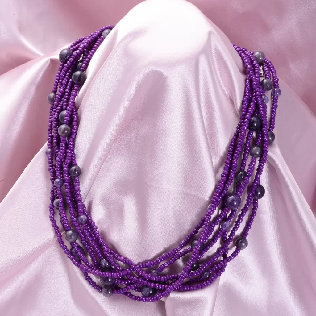 Amethyst and Simulated Purple Pearl Twisted Multi Row Beaded Station Necklace