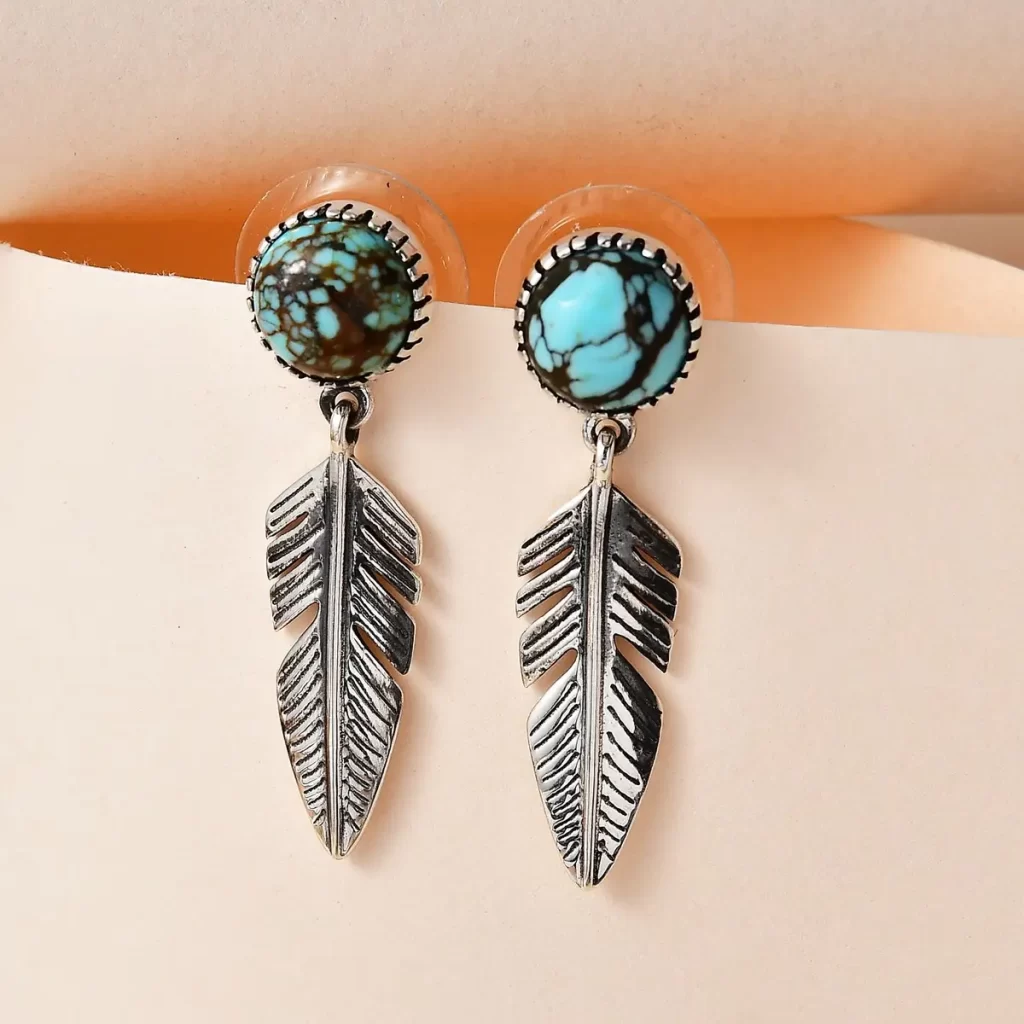 Artisan Crafted Blue Moon Turquoise Feather Earrings in Sterling Silver