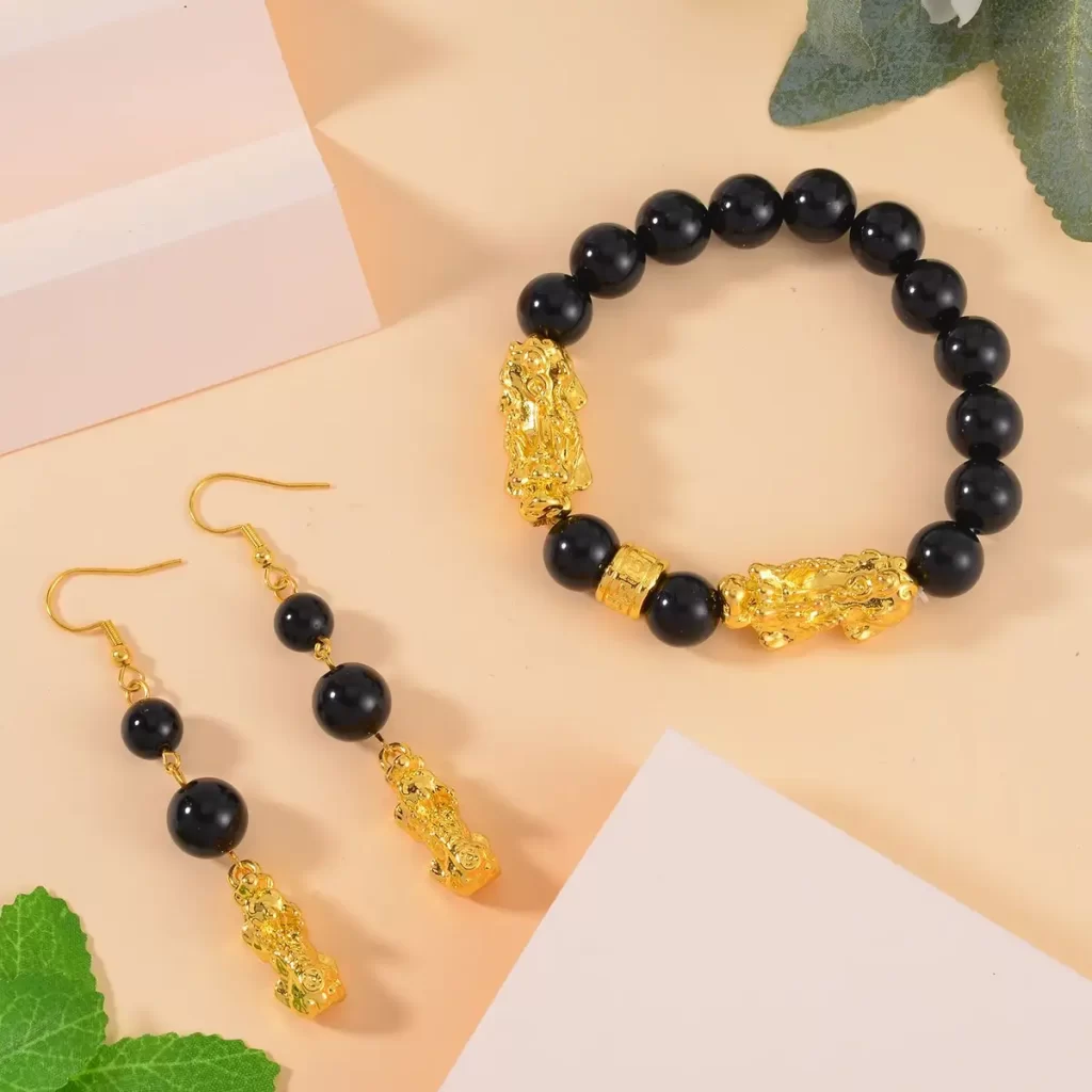 Black Obsidian Pixiu Earrings and Feng Shui Stretch Bracelet