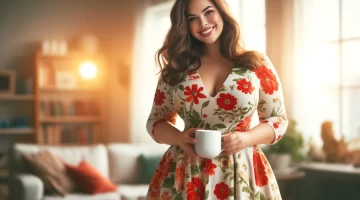Casual mother's day outfits a cheerful woman with a beaming smile wearing a knee-length floral dress