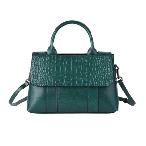 Green Crocodile Embossed Genuine Leather Tote Bag for Women, Woven & Leather Strap, Satchel Purse, Shoulder Handbag