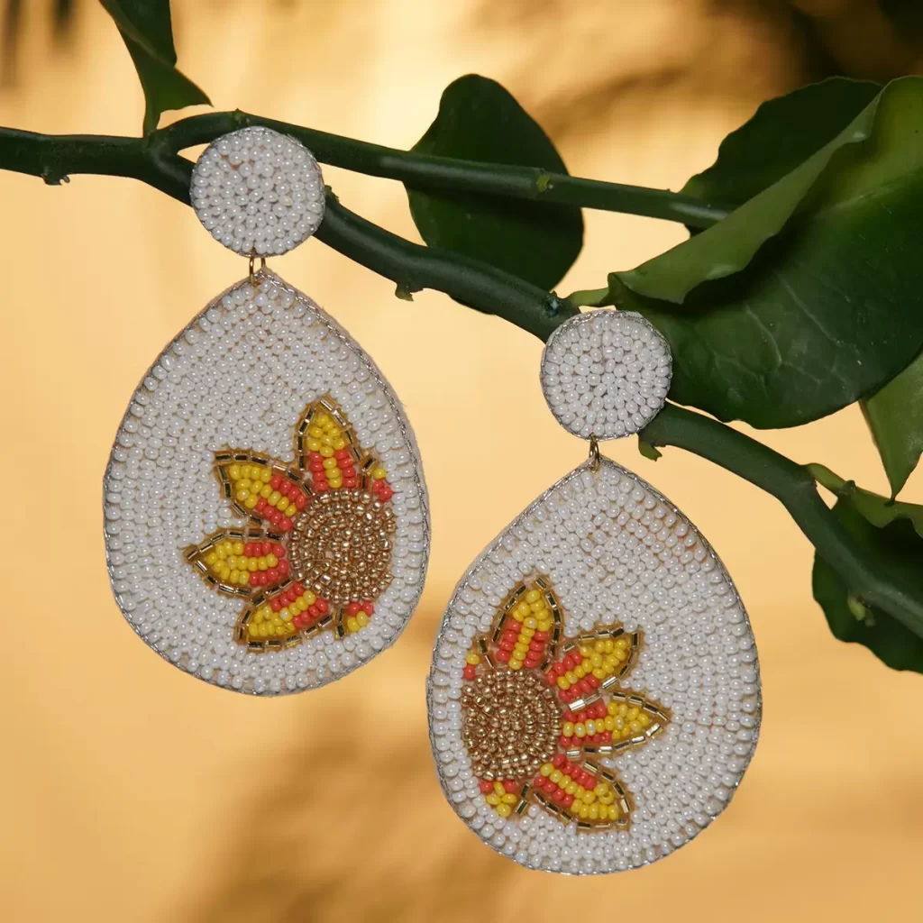 Handcrafted White Seed Beaded Sunflower Design Earrings