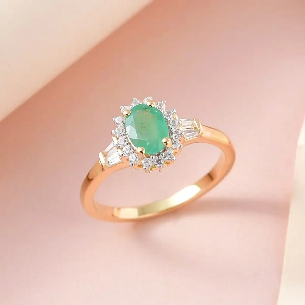 Kagem Zambian Emerald and White Zircon Ring in Vermeil Yellow Gold Over Sterling Silver