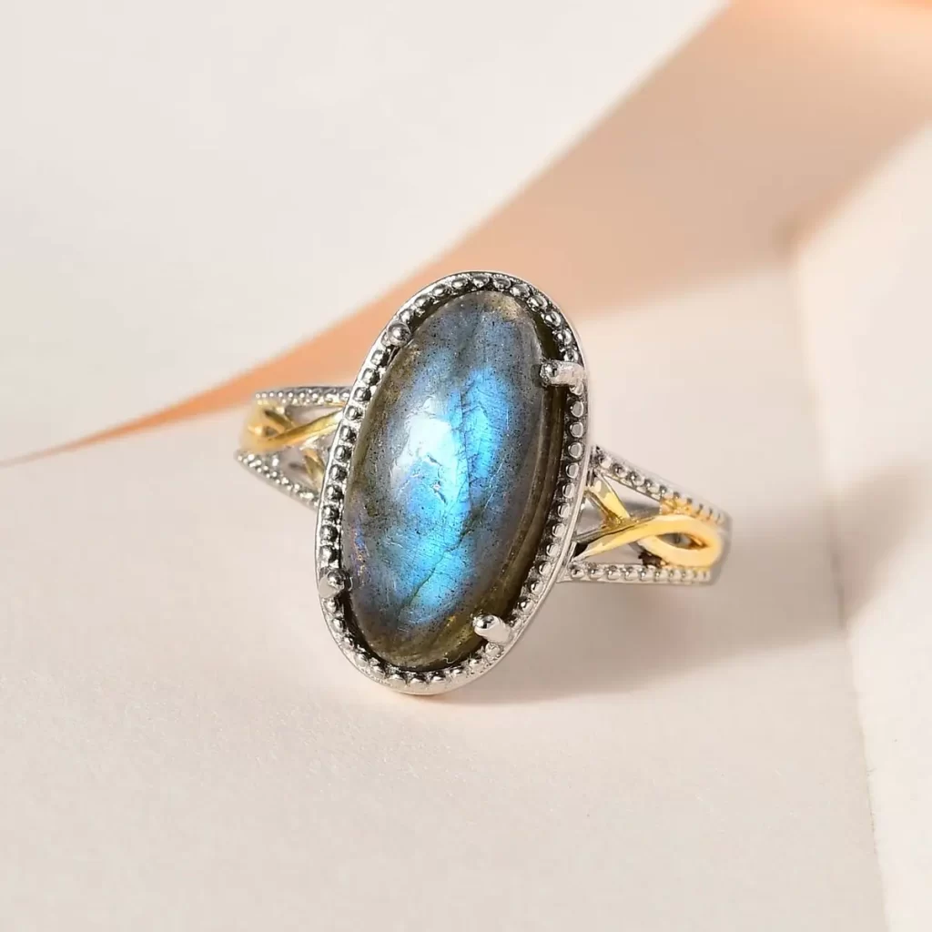 Labradorite Meaning Karis Malagasy Labradorite Solitaire Ring in 18K YG Plated and Platinum Bond