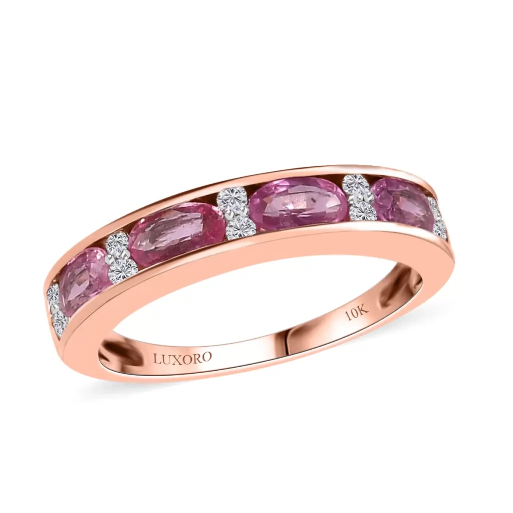Luxoro 10K Rose Gold Premium Diamond and Madagascar Pink Sapphire Band Ring