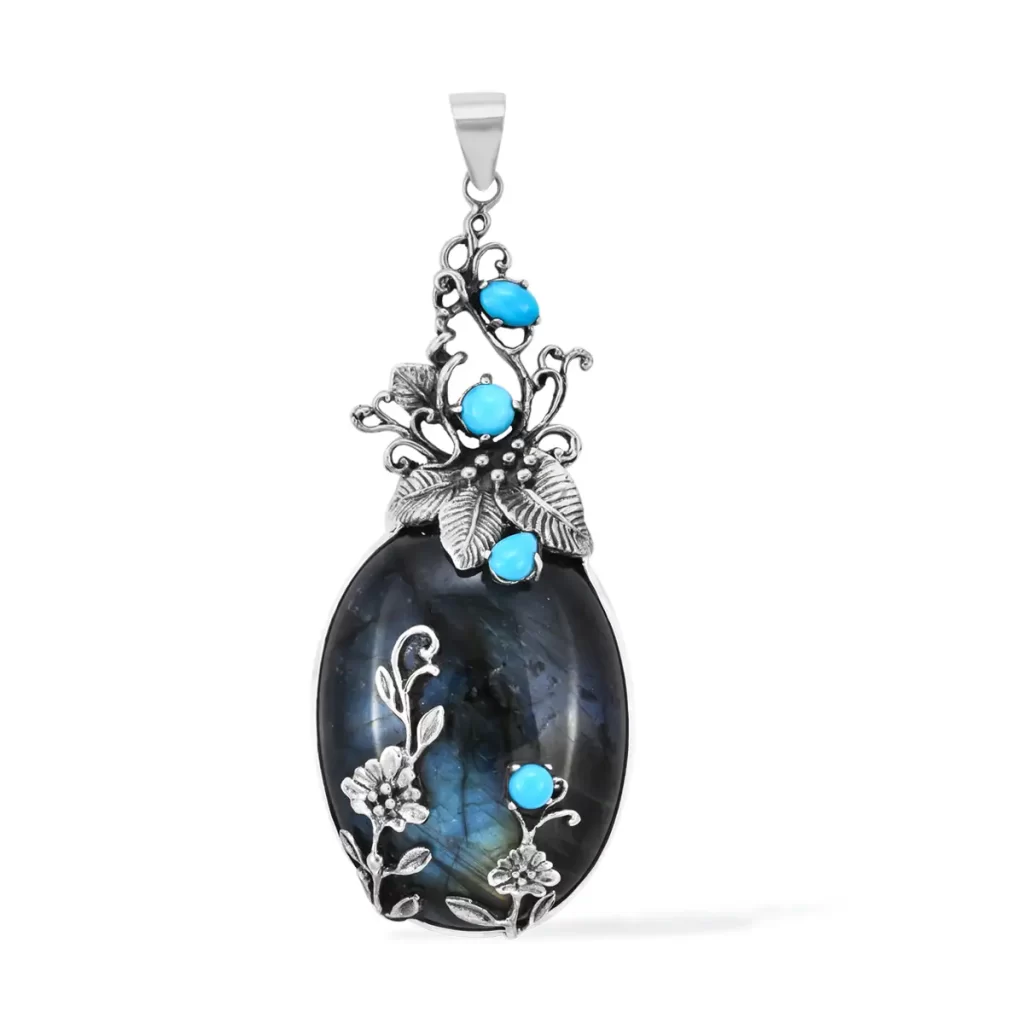 Mother’s Day Gift Bali Legacy Labradorite and Sleeping Beauty Turquoise Pendant For Women in Sterling Silver