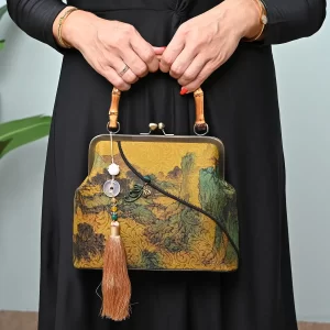 Mustard Adorned with Mountain Forest Pattern Gambiered Canton Gauze with Genuine Leather Tote Bag with Bamboo Handle Drop
