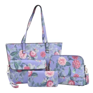 Passage Purple Flower Pattern Faux Leather Tote Bag Crossbody Bag, Clutch Bag and Wallet